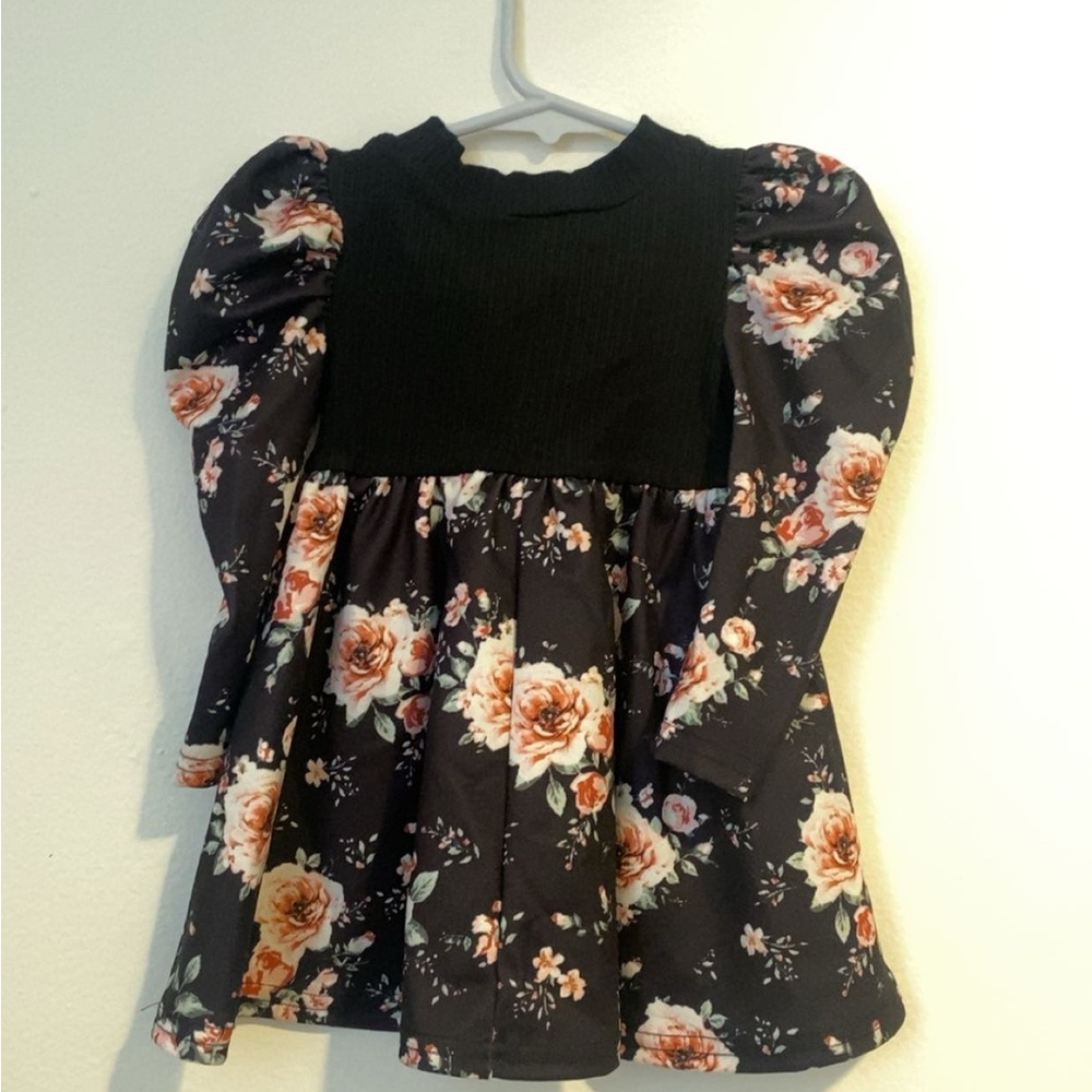 Black Fit and Flare Dress with Puff Sleeves and Mock Neck